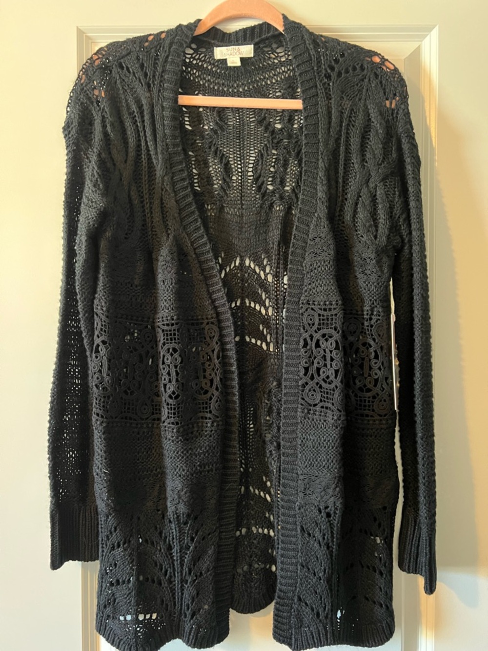 Sun & Shadow Black Open-Front Crochet and Lace Cardigan from Nordstoms